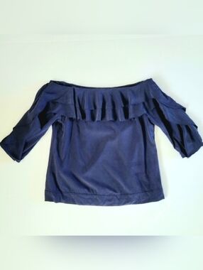 L’AGENCE Silk Off Shoulder Ruffle Blouse Navy Boho Peasant Top Size S